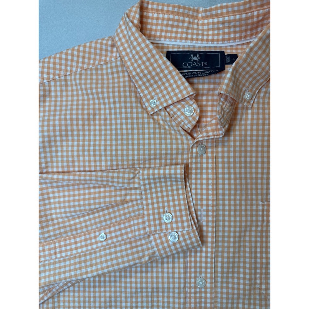 Coast The Marlin Buttondown Shirt Mens Large Orange Gingham Plaid Cotton Stretch
